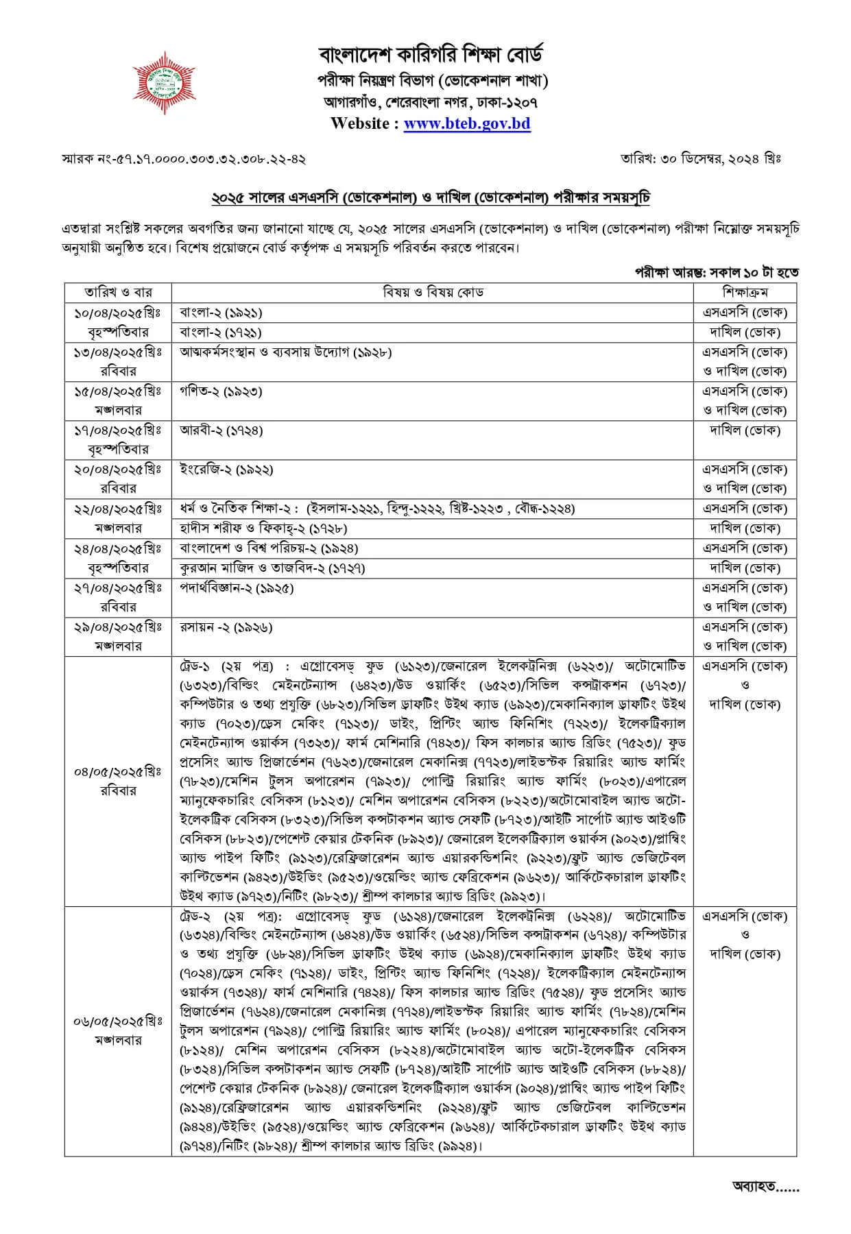 কারিগরি এসএসসি ভোকেশনাল পরীক্ষার রুটিন ২০২৫ প্রকাশিত হয়েছে।