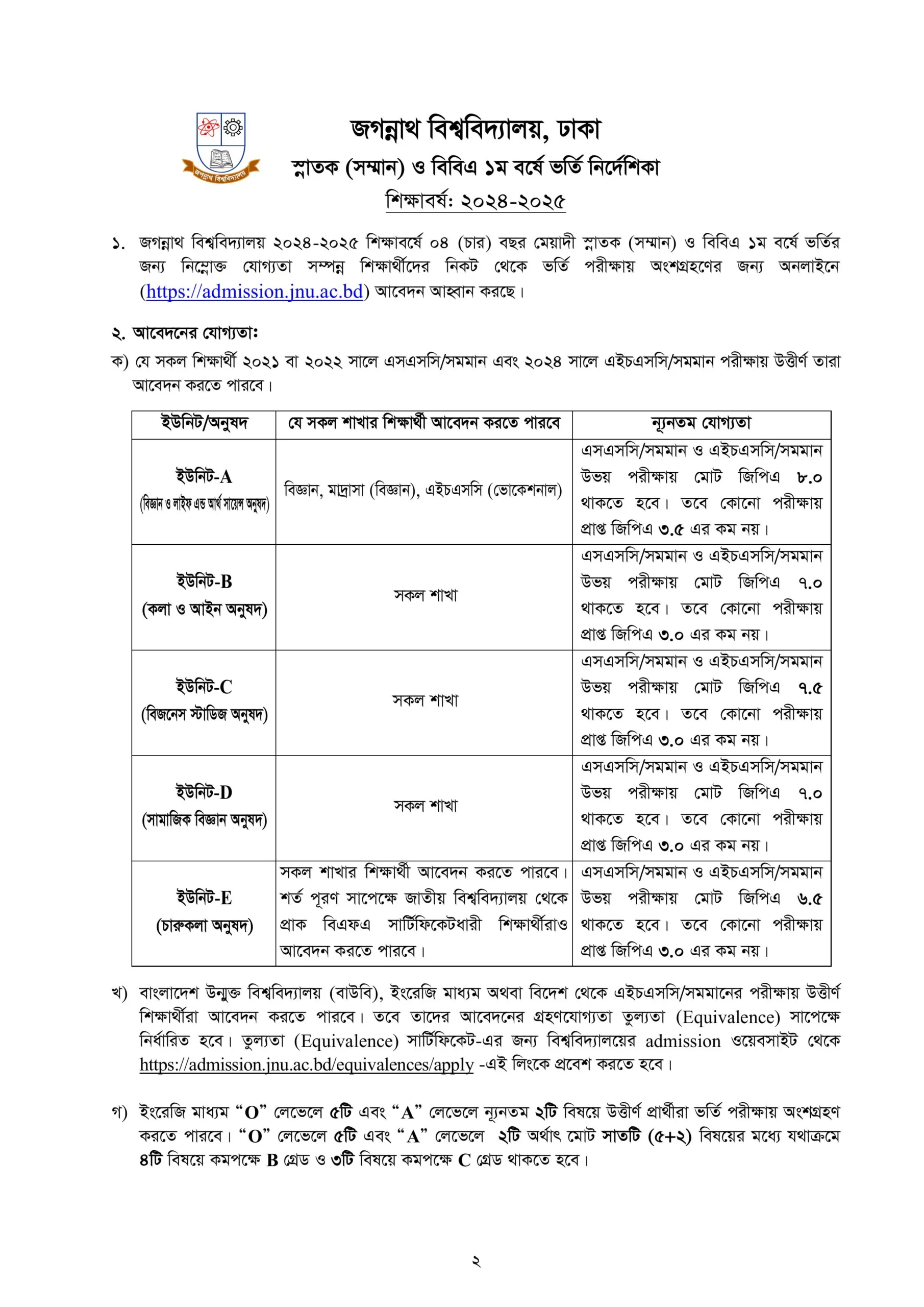 জগন্নাথ বিশ্ববিদ্যালয় ভর্তি তথ্য ২০২৪-২০২৫ - ভর্তি আবেদন নোটিশ।